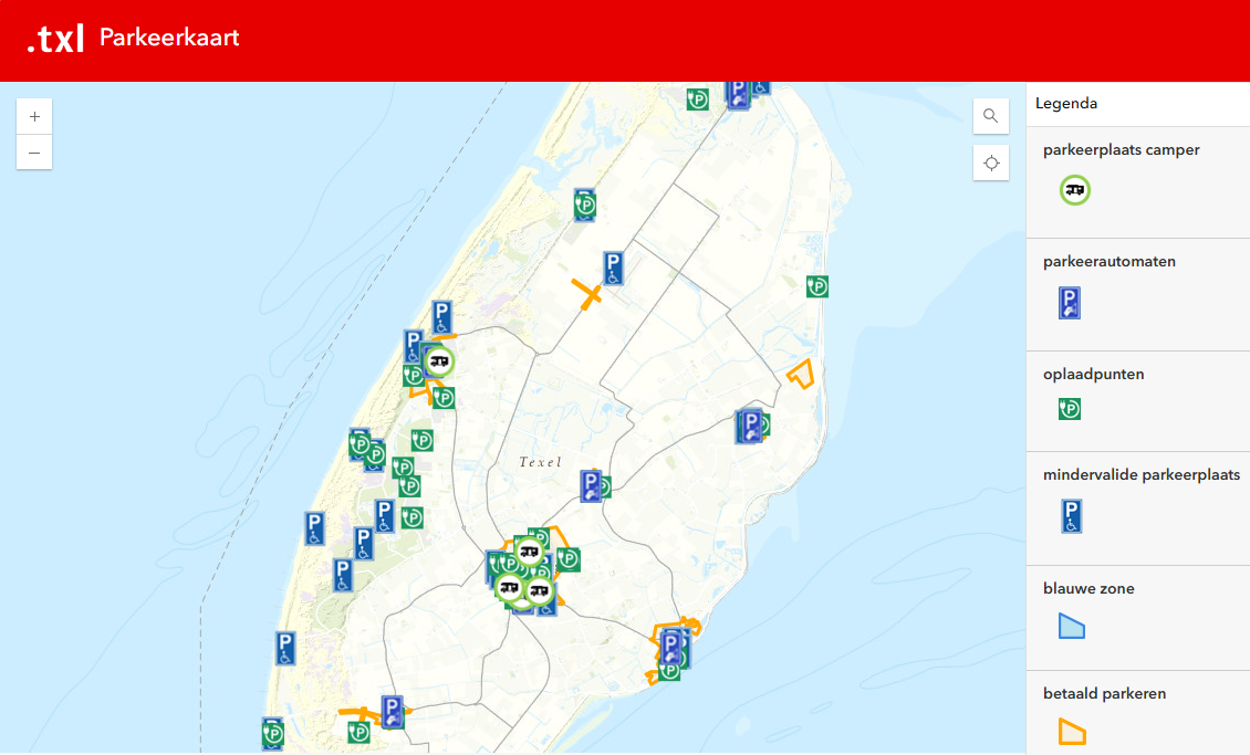 Kaart van Texel met parkeerinformatie